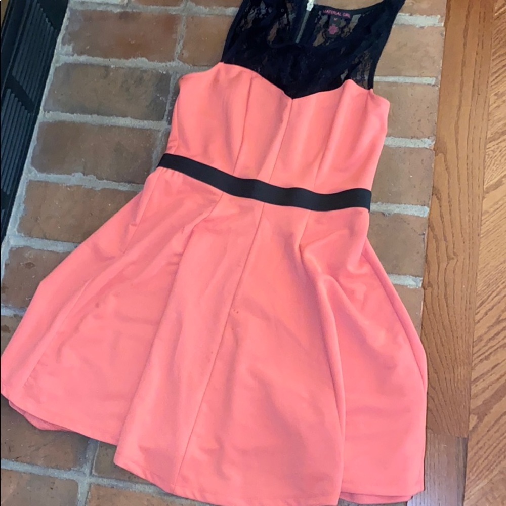 Coral flare dress with lace neckline